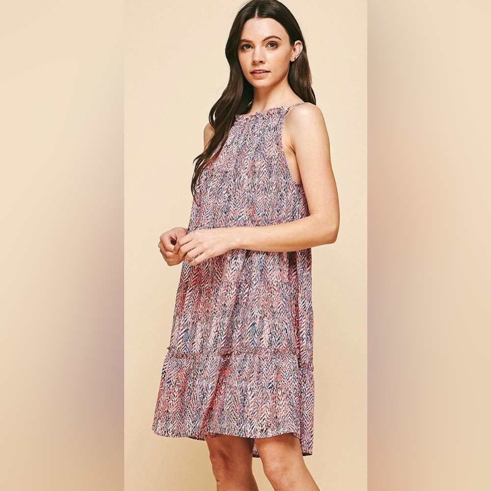 Pinch Women’s L Halter Sleeveless Abstract‎ Pink Blue Tiered Mini Dress Pockets